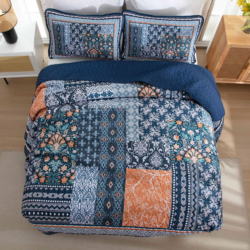 WONGS BEDDING طقم لحاف WONGS BEDDING باللون الأزرق الداكن مقاس كوين، طقم مفرش سرير بوهيمي مرقع، طقم مفارش سرير بنمط زهور قابلة للعكس لجميع المواسم (96 بوصة × 90 بوصة) - Image 4